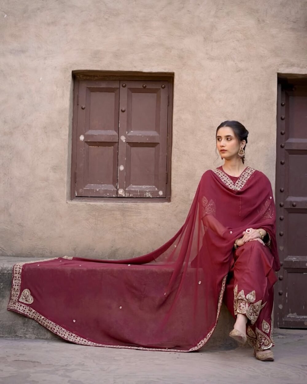 Maroon Pure Silk Farshi Salwar Suit - Image 6